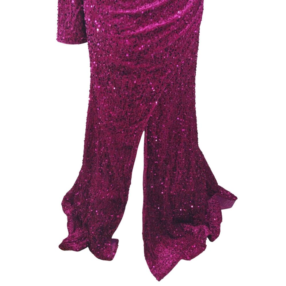 NWT! FASHION NOVA! DEEP FUSCHIA PINK/RED SEQUINNED STRETCH VELVET GOWN! 2X - Picture 5 of 14